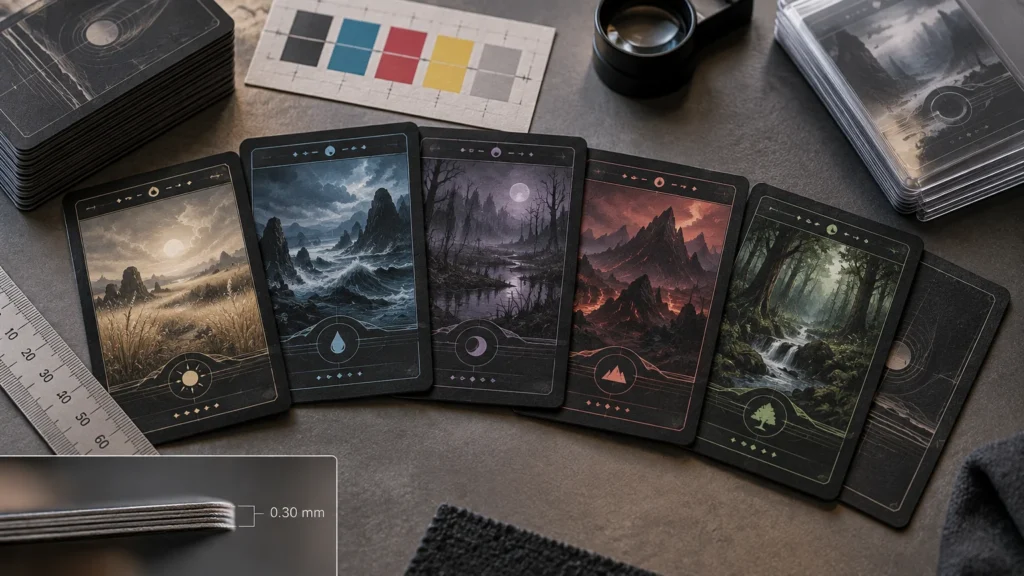 Horizontal tabletop scene of five dark, custom fantasy landscape cards in white, blue, black, red, and green, arranged beside sleeved card stacks, a ruler, color swatches, a magnifier, and a close-up thickness label reading “0.30 mm.”