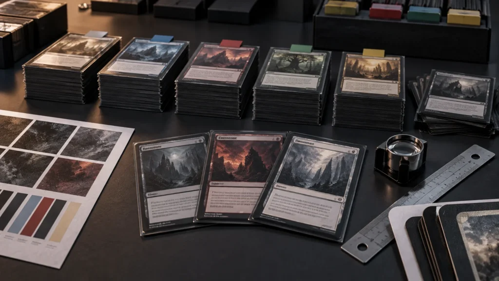 Horizontal tabletop scene of sleeved fantasy trading-card stacks sorted with colored tabs, three upright sample cards, printed dark-art and color-swatch sheets, a magnifier, and a metal ruler.