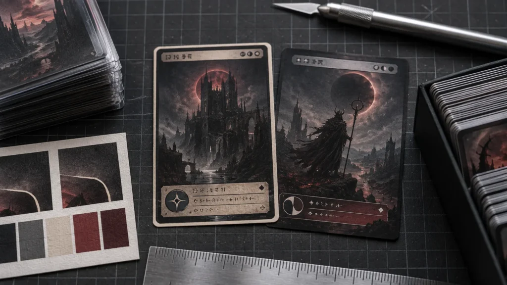 Horizontal tabletop scene with two dark fantasy-style custom cards beside stacked sleeved cards, a cutting knife, a ruler, color swatches, and a gridded cutting mat.